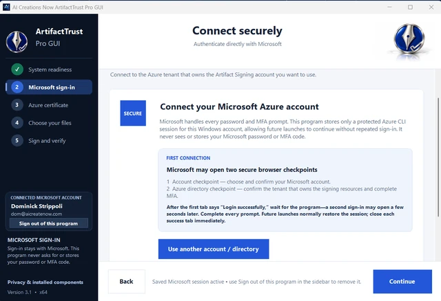 ArtifactTrust Pro GUI screenshot: Connect through Microsoft.