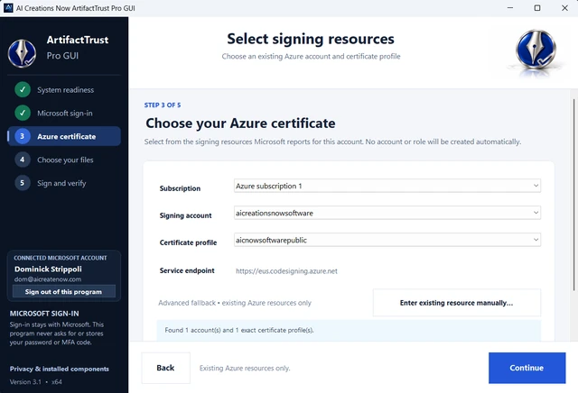 ArtifactTrust Pro GUI screenshot: Choose your signing profile.