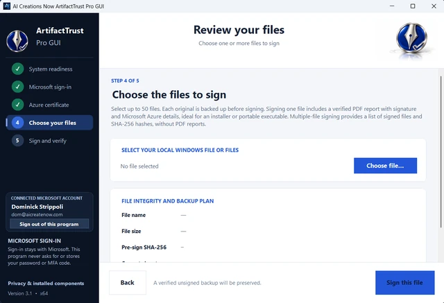ArtifactTrust Pro GUI screenshot: Review your files.