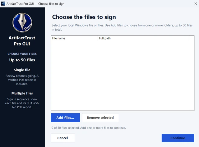 ArtifactTrust Pro GUI screenshot: One file or a batch.