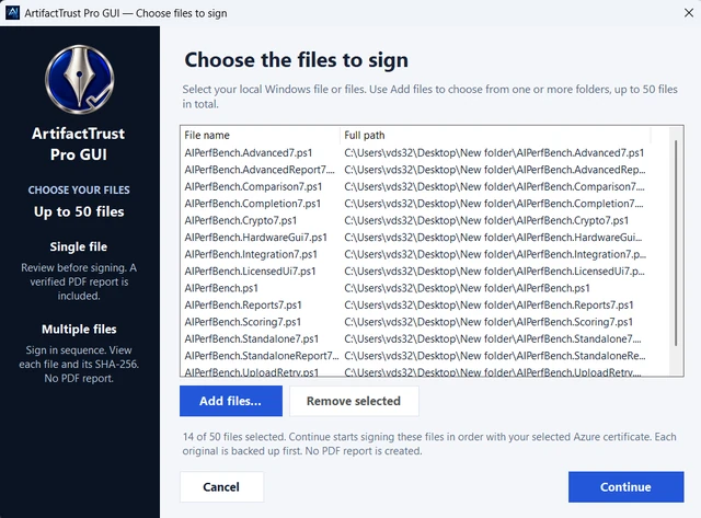 ArtifactTrust Pro GUI screenshot: Review a batch before signing.