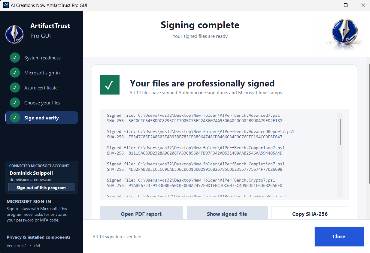 ArtifactTrust Pro GUI showing a completed signing operation and its verification results