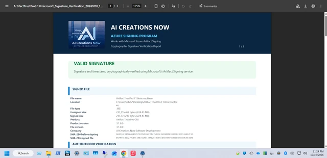 ArtifactTrust Pro GUI screenshot: Sample PDF verification report.
